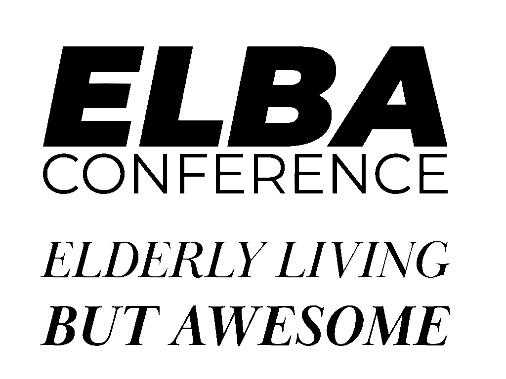 ELBA-Konferenz-Logo mit dem Text „Elderly Living But Awesome“ in schwarzer Schrift auf weißem Hintergrund.
