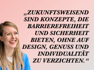 Lächelnde Frau vor rosa Gradient-Hintergrund; Zitat über Barrierefreiheit, Sicherheit und Design.