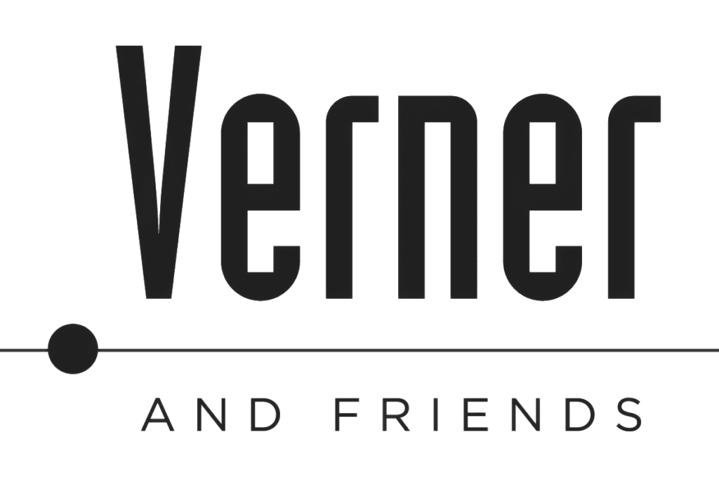 Logo von Venner and Friends: Großer Schriftzug über einer Linie, linke Kugel, darunter AND FRIENDS.