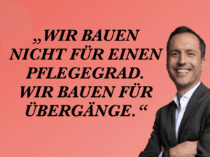 Mann im Anzug lächelt rechts vor rosafarbenem Hintergrund; großes Zitat über Übergänge.
