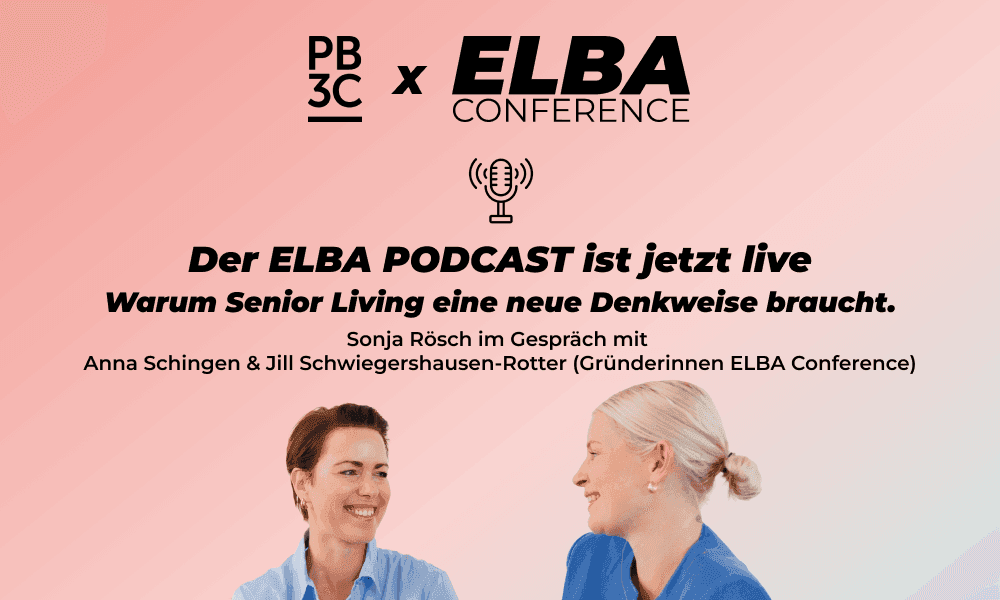Zwei freundlich lächelnde Frauen im Gespräch vor farbigem Hintergrund mit ELBA Podcast-Logo und Mikrofon-Symbol.