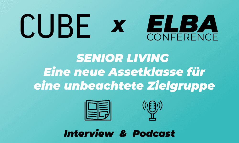Cube x ELBA Conference – Senior Living, Assetklasse; Zeitung- und Mikrofon-Symbole; Interview & Podcast; keine Personen.